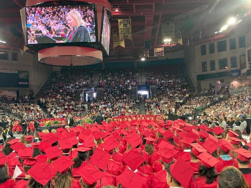 The view looking down onto a sea of red caps at Eaglecrest High School's graduation ceremony in late May.